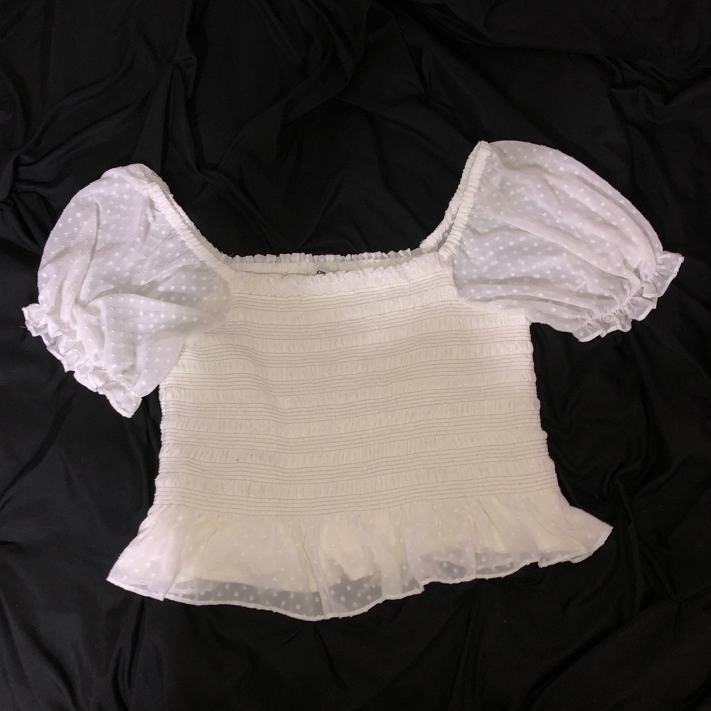 Express white ruched dotted top with puffy sleeve